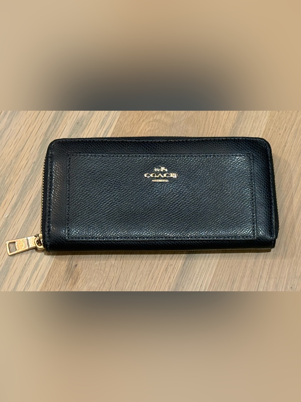 Coach Navy Leather Zipper Wallet with gold hardware